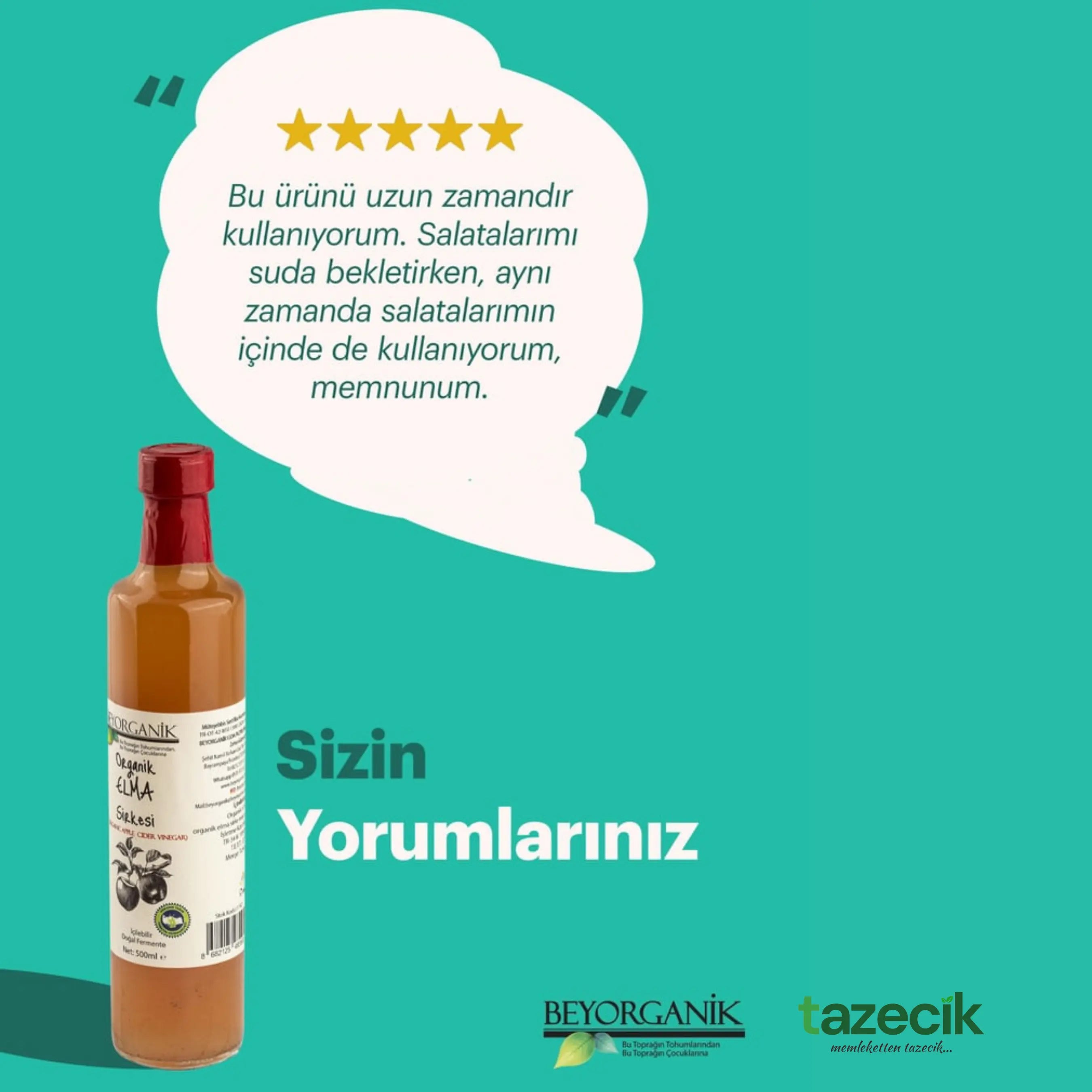 Organik Elma Sirkesi- BeyOrganik 500ml Tazecik